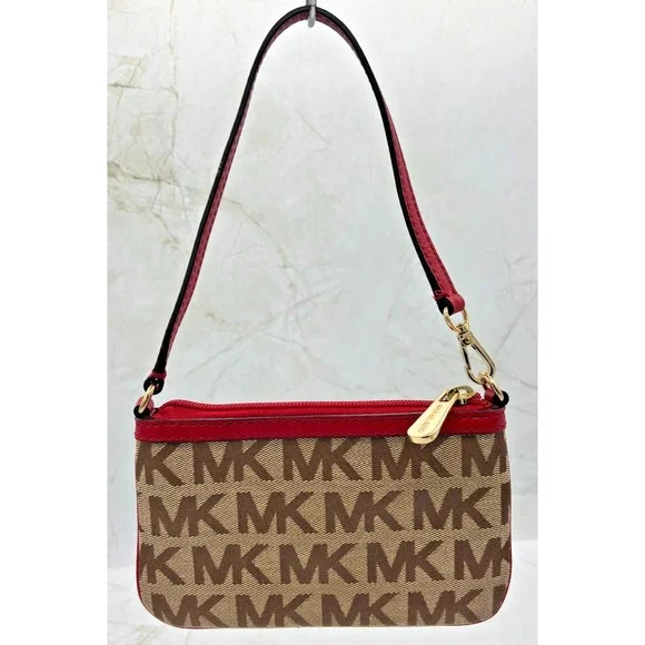 Michael Kors Jacquard Monagram Wristlet‎ Mini Bag Red Leather Signature Lining - Picture 6 of 16